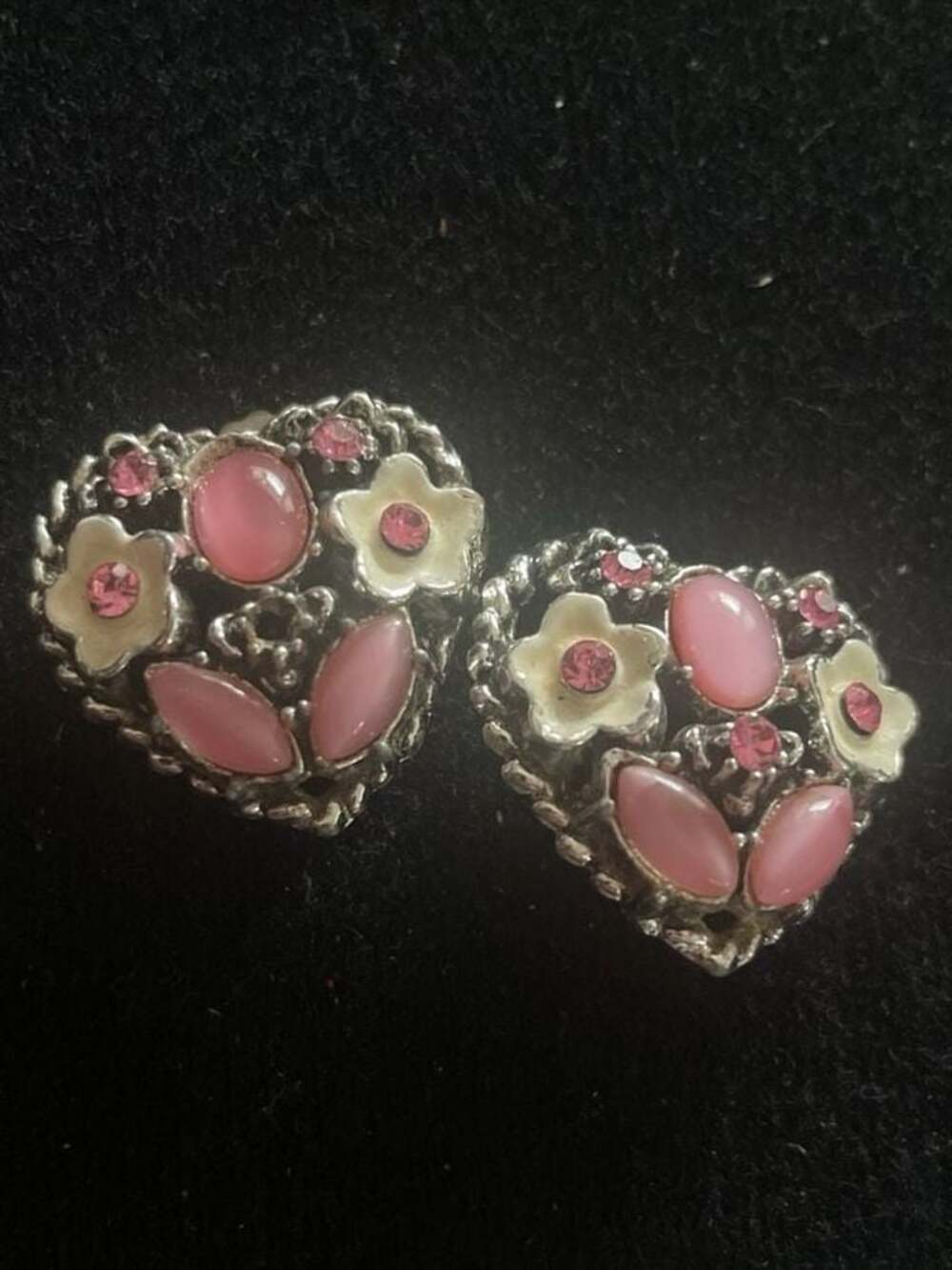Vintage Silver Tone Pink Cabochon and Enamel Flower Heart Clip-On Earrings